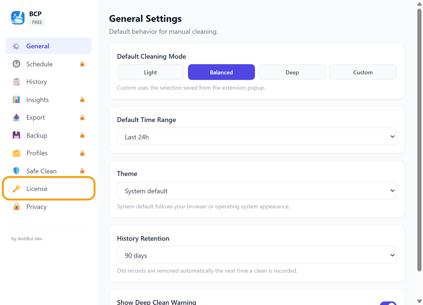 Browser Cleaner Pro: Select License in the settings navigation.