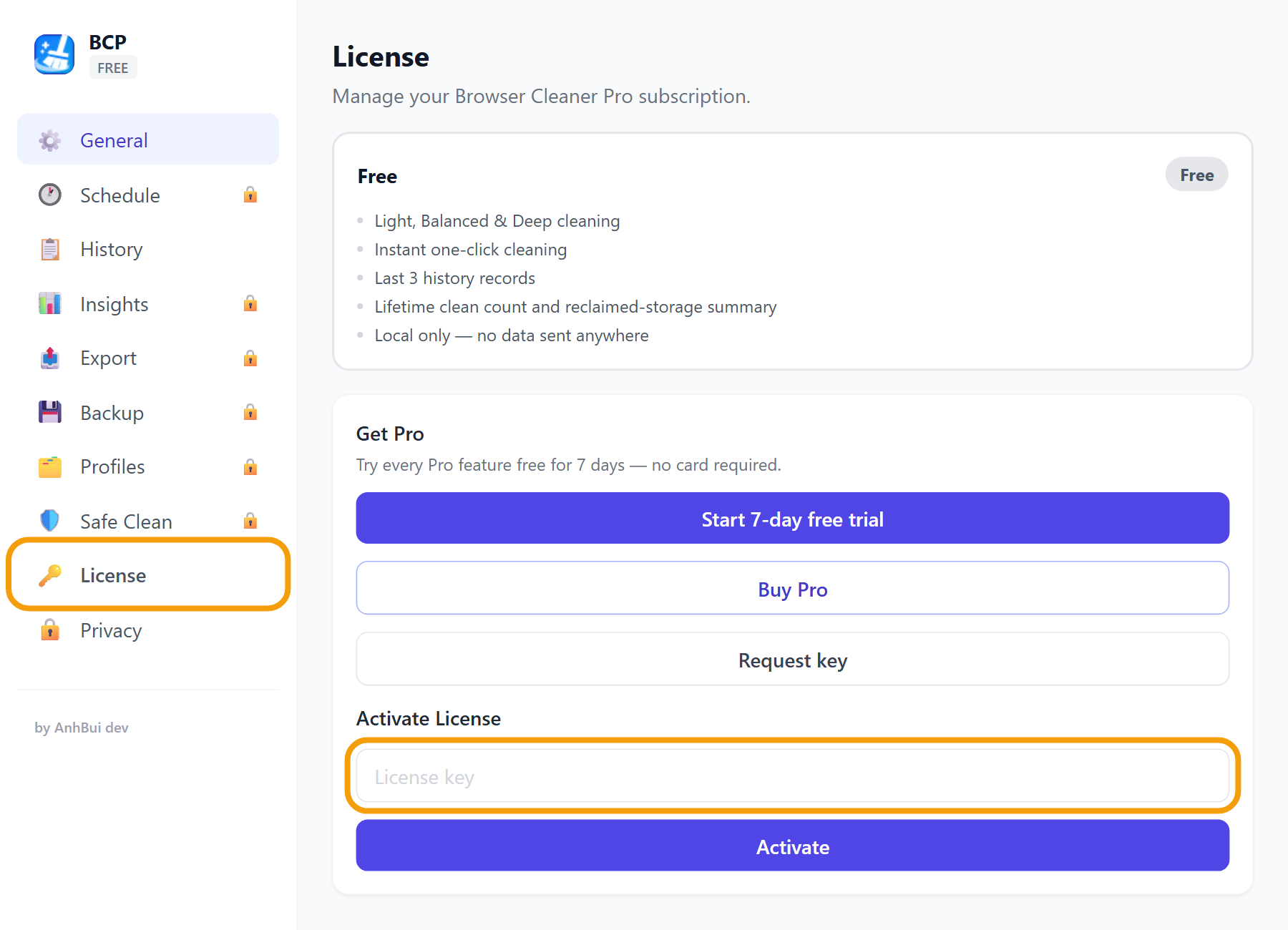 Browser Cleaner Pro: Paste the key from your purchase email and choose Activate.