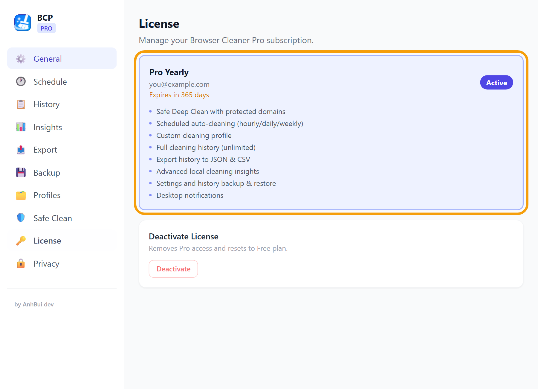 Browser Cleaner Pro: The plan badge changes to Active and your Pro features unlock.